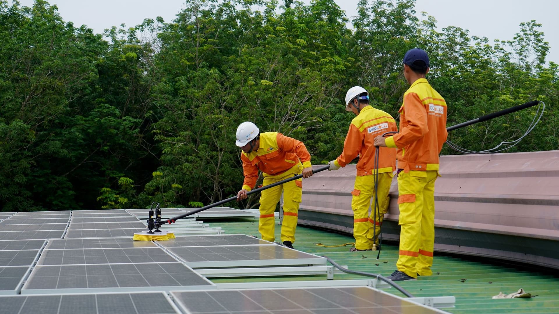Nettoyage de panneaux solaires sur une toiture